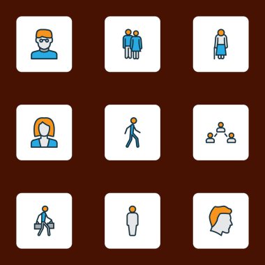 İnsan simgeleri sosyal ilişkiler, insan kafası, kullanıcı ve diğer erkek unsurları ile renklendirilmiş. İzole edilmiş illüstrasyon insan simgeleri.