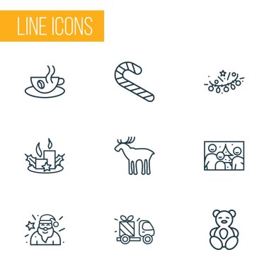 Noel ikonları tarzı, aile fotoğrafı, geyik, hediye teslimatı ve diğer elektrik elementleriyle birlikte. İzole edilmiş illüstrasyon Noel simgeleri.