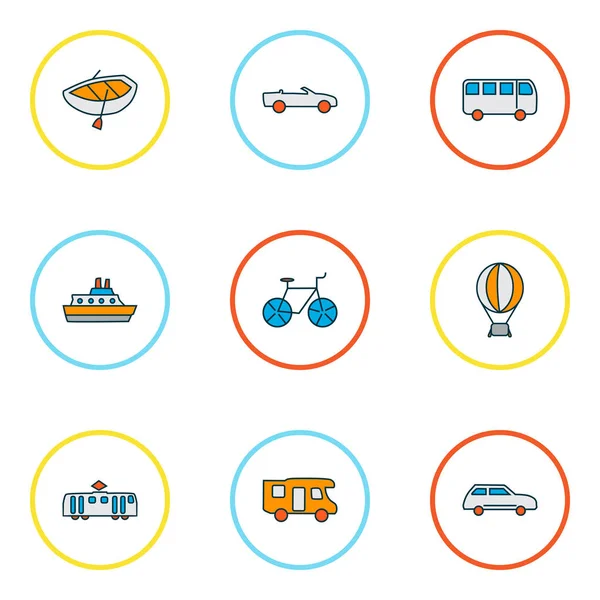 Transportation icons colored line set with city car, bus, bicycle and other bike elements. Isolated illustration transportation icons.