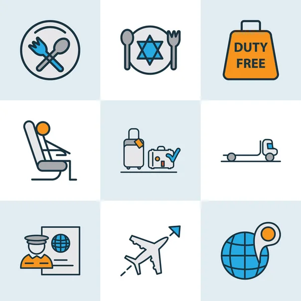 Traveling icons colored line set with duty free zone, passport control, sitting man and other plane route elements. Isolated illustration traveling icons.