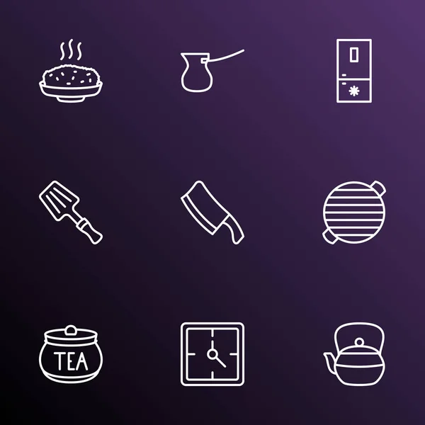 Conjunto de iconos culinarios estilo línea con espátula, barbacoa, cezve y otros elementos hervidor de agua. Iconos culinarios de ilustración aislada . —  Fotos de Stock