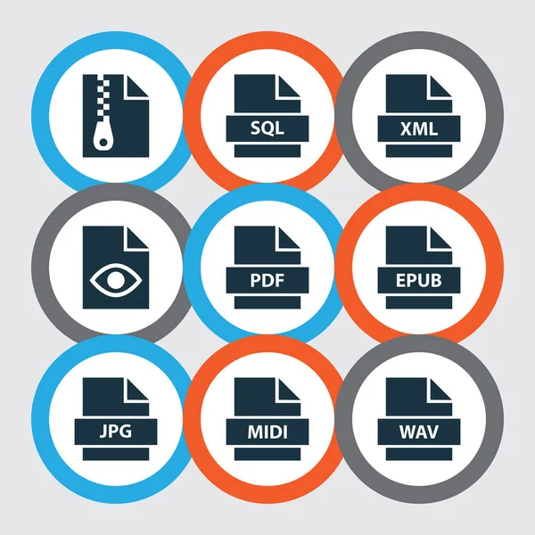 Dateisymbole mit Organisierungs-, Multimedia-, PDF- und anderen Midielementen. Icons zur Illustration. — Stockfoto