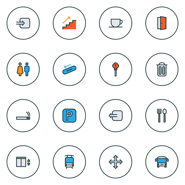 Information icons colored line set with door, parking sign, staircase and other trash bin elements. Isolated illustration information icons.