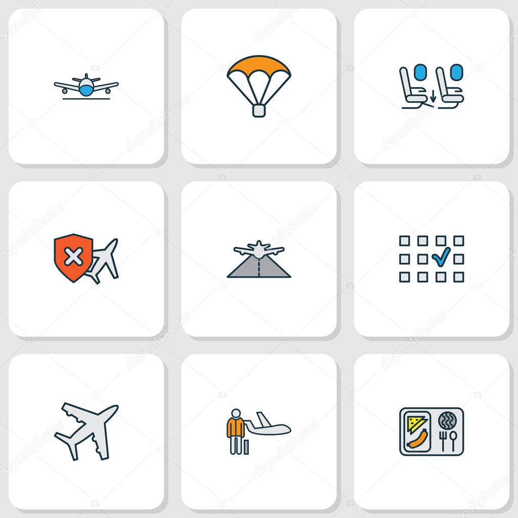 Transportation icons colored line set with seat feet space, parachute, plane food and other passenger elements. Isolated illustration transportation icons.