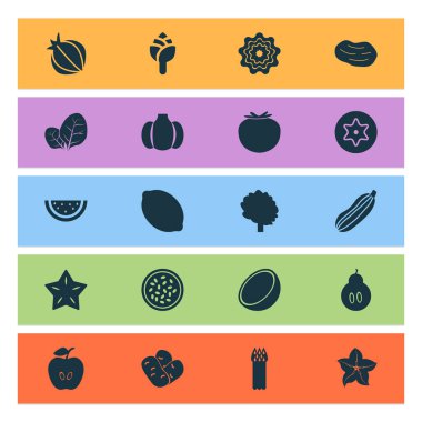 Sebze ikonları, kabak, fasulye, baba ve diğer karambola elementleriyle birlikte. İzole edilmiş çizim sebze simgeleri.