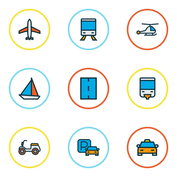 Iconos de transporte de color conjunto de línea con avión, taxi, tren y otros elementos scooter. Iconos de transporte de ilustración aislada . — Foto de Stock