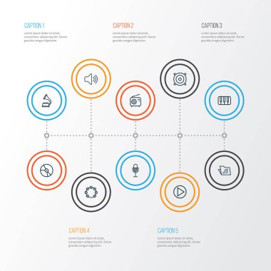 Ses simgeleri satır biçimi, ses, mikrofon, klasör ve diğer fonegraf ögeleriyle ayarlandı. İzole vektör illüstrasyon ses simgeleri.