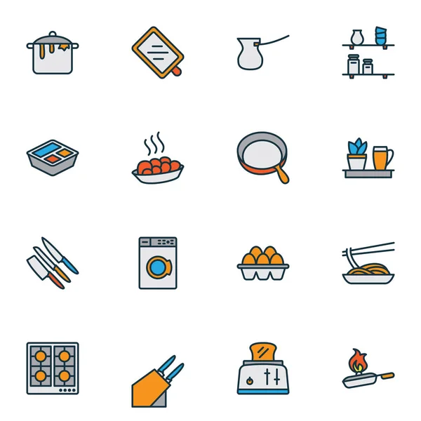 Iconos de cocina de color conjunto de línea con tostadora, olla sucia, sartén y otros elementos ibrik. Iconos de cocina de ilustración vectorial aislado . — Vector de stock