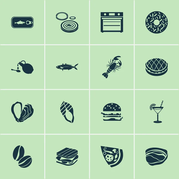 Conjunto de iconos nutricionales con granos de café, langosta, hamburguesa y otros elementos de barbacoa. Iconos de nutrición de ilustración vectorial aislada . — Archivo Imágenes Vectoriales