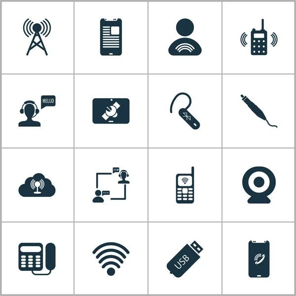 Ícones de comunicação configurados com plug conector, ponto de acesso em nuvem, lista de telefones celulares e outros elementos de antena. Ícones isolados de comunicação ilustração vetorial . — Vetor de Stock