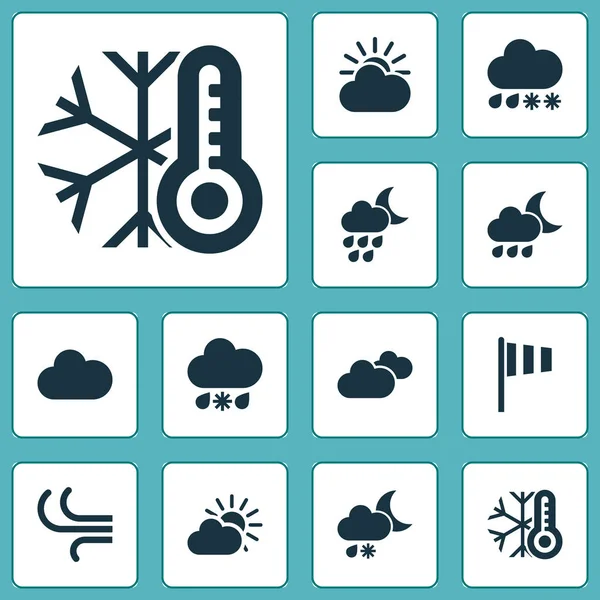 Lucht pictogrammen ingesteld met storm, regen, motregen en andere thermometer elementen. Geïsoleerde vector illustratie lucht pictogrammen. — Stockvector