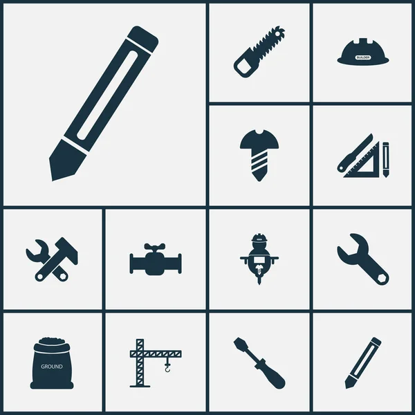 Iconos de construcción con saco con tierra, aserrado, tornillo y otros elementos matemáticos. Iconos de construcción de ilustración vectorial aislado . — Vector de stock