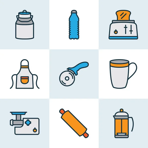 Iconos de cocina línea de colores con delantal, botella de agua, tostadora y otros elementos de soda. Iconos de cocina de ilustración vectorial aislado . — Archivo Imágenes Vectoriales