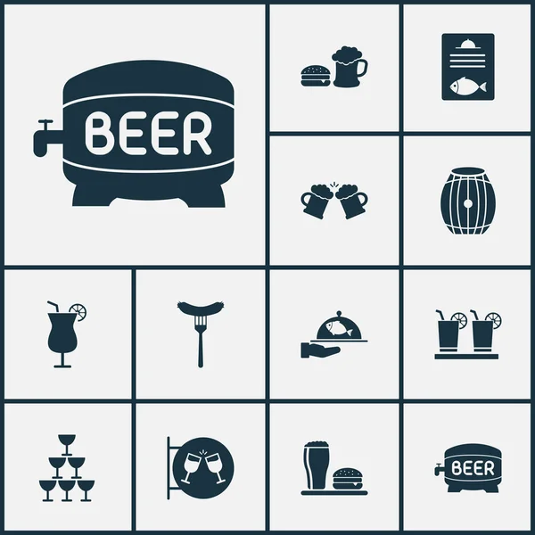 Dranken pictogrammen ingesteld met ruimte, bier mok, nachtclub en andere martini-elementen. Geïsoleerde vector illustratie dranken pictogrammen. — Stockvector