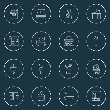 Dekor simgeleri dizisi, salon dolabı, yer lambası, lavabo ve diğer merdiven unsurları. İzole resimli dekor simgeleri.