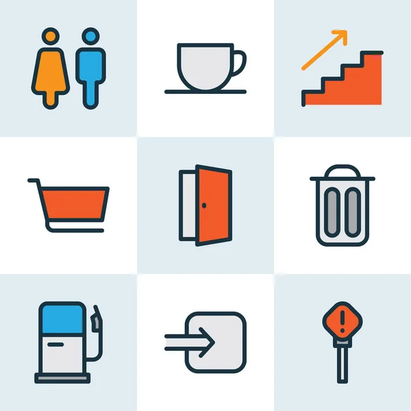 Public icons colored line set with toilet, gas station, cart and other steps up elements. Isolated illustration public icons. — 스톡 사진
