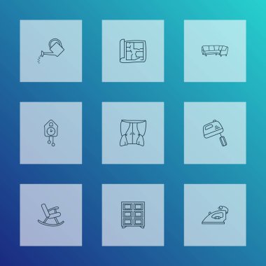 Dekor simgeleri dizisi, ev planı, sulama kutusu, sallanan sandalye ve diğer hasır mobilya unsurları. İzole resimli dekor simgeleri.