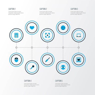 Medya simgeleri tam ekran, amplifikatör, karaoke ve diğer kalp elementleriyle renklendirilmiş. İzole edilmiş illüstrasyon ortam simgeleri.