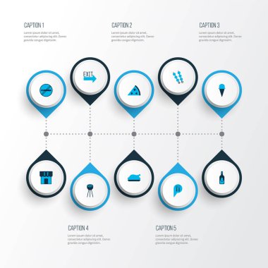 Pizza, dondurma, restoran iğnesi ve diğer barbekü elementleriyle renklendirilmiş ikonlar yemek. İzole edilmiş illüstrasyon yeme simgeleri.