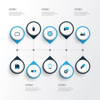Elektronik simgeler projektör, teknoloji, televizyon ve diğer disket elementleriyle renklendirildi. İzole edilmiş illüstrasyon elektronik simgeleri.