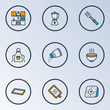 Izgara çatalı, pişirme çarşafı, tuz ve diğer meyve suyu elementleriyle renklendirilmiş yemek simgeleri. İzole resimli yemek pişirme simgeleri.