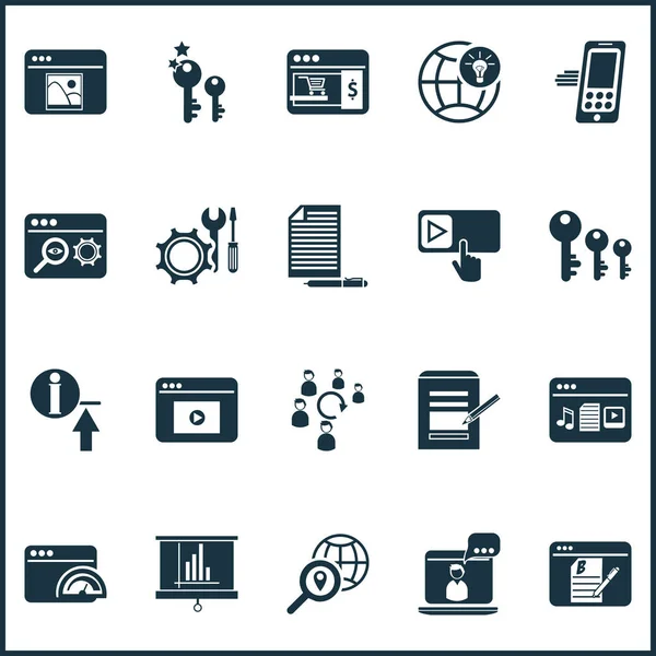 Icone aziendali impostate con contenuti fotografici, consulenza online, ottimizzazione della ricerca e altri elementi di caricamento. Isolato illustrazione icone aziendali . — Foto Stock