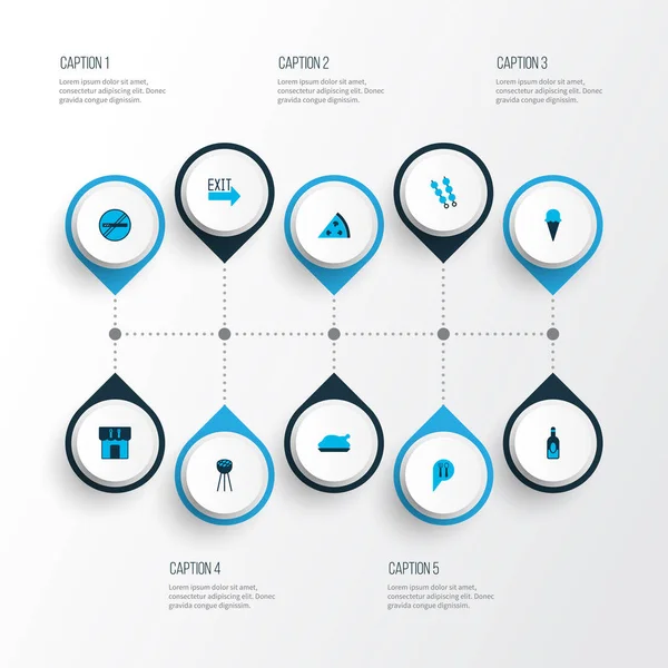 Äta ikoner färgad uppsättning med pizza, glass, restaurang pin och andra grillelement. Isolerad illustration äta ikoner. — Stockfoto
