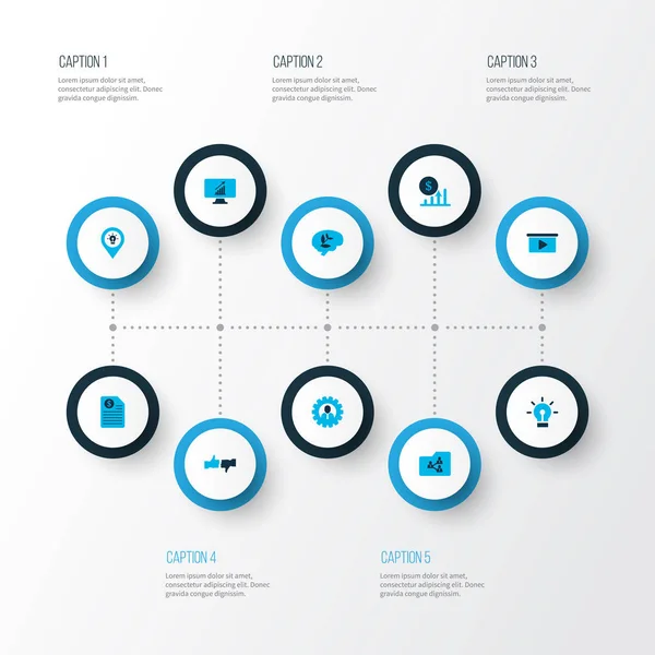 Munka ikonok színes készlet megosztott mappa, nyereség, rendeltetési hely és egyéb izzó elemek. Elszigetelt illusztrációs munkák ikonjai. — Stock Fotó
