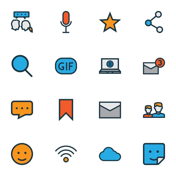 Conjunto de líneas de colores de iconos de red con marcador, chat, búsqueda y otros elementos de conexión inalámbrica. Iconos de red de ilustración aislada . — Foto de Stock
