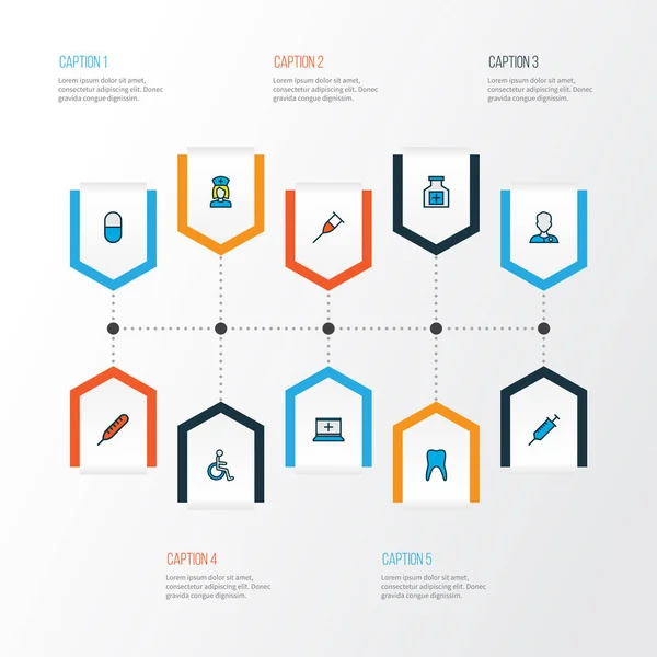 Medicine icons colored line set with pill, crutch, medical equipment and other temperature measurement elements. Isolated illustration medicine icons. — 스톡 사진