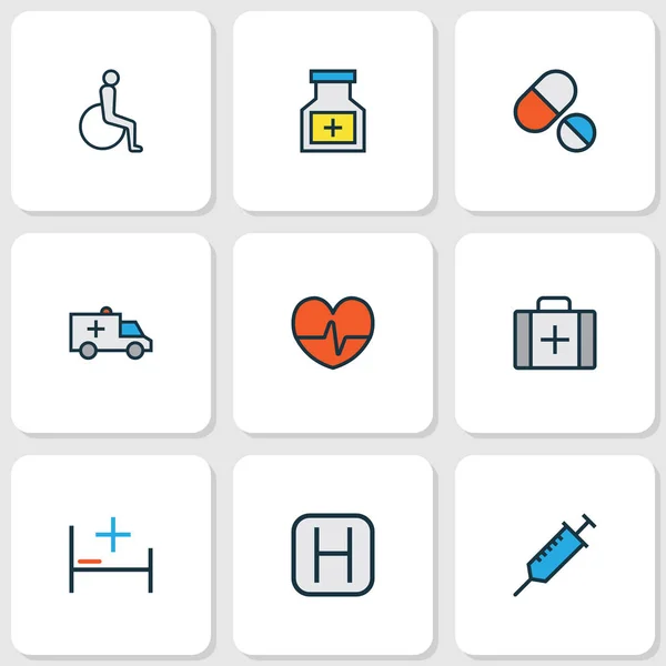 Iconos antibióticos línea de color conjunto con jeringa, cama de hospital, medicamentos y otros elementos de silla de ruedas. Iconos de antibióticos de ilustración aislada . — Foto de Stock