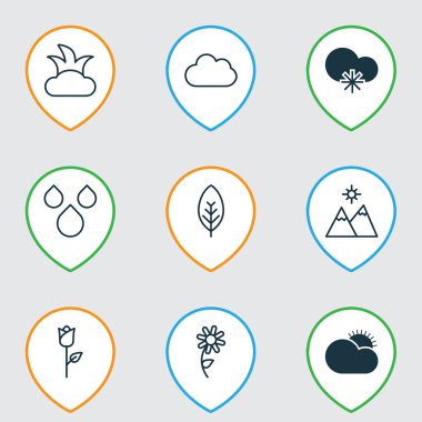 Dünya ikonları temiz gün doğumuyla, papatya, karlı havayla ve diğer su damlalarıyla kurulur. İzole edilmiş vektör illüstrasyon dünyası simgeleri.