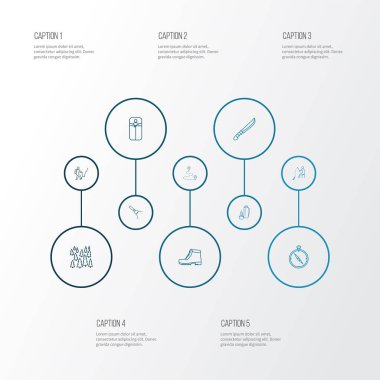 Etkinlik simgeleri çizgi biçimi ışık, pusula, uyku tulumu ve diğer ağaç unsurları ile ayarlandı. İzole vektör illüstrasyon etkinlik simgeleri.