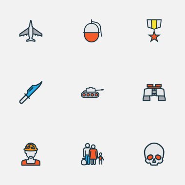 Ordu simgeleri asker, tank, kafatası ve diğer askeri unsurlarla aynı hizada. İzole vektör illüstrasyon ordu simgeleri.