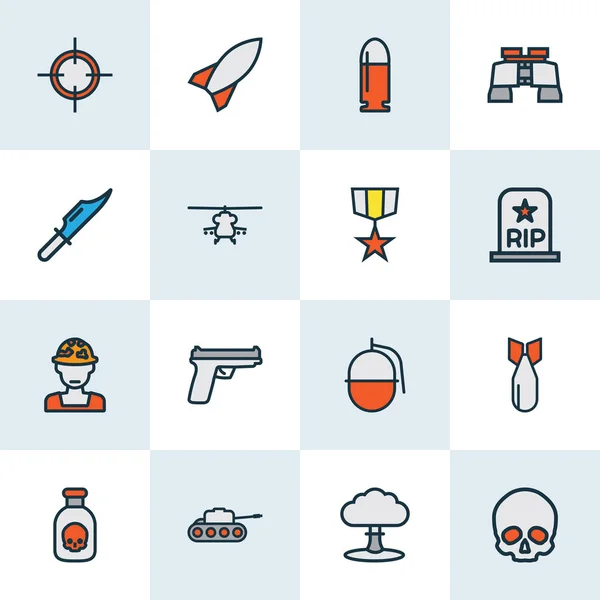 Army icons colored line set with skull, gun, military rocket and other toxic bottle elements. Isolated vector illustration army icons. — Stock vektor