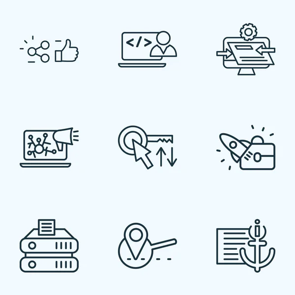 SEO icons line style set with custom coding, sort keywords, website optimization and other navigation elements. Isolated vector illustration SEO icons. — Stock Vector