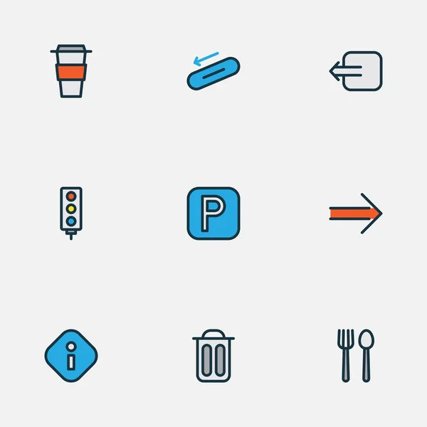 Iconos de navegación de color conjunto de línea con información, escaleras mecánicas, basura y otros elementos descafeinado. Iconos de navegación de ilustración vectorial aislado . — Vector de stock