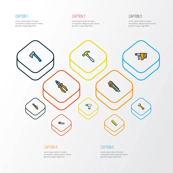 Repair icons colored line set with pliers, ruler, utility knife and other sawing elements. Isolated illustration repair icons. — Stock Photo, Image