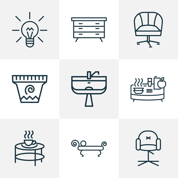 Zestaw ikon House line z bufetem, stylowym krzesłem, doniczką i innymi ergonomicznymi elementami krzesła. Izolowane ikony domów ilustracyjnych. — Zdjęcie stockowe