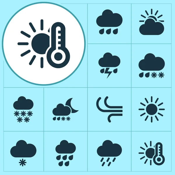 Ikony klimatyczne z opadami śniegu, mżawką, ulewnym deszczem i innymi elementami płatków śniegu. Izolowany wektor ilustracji ikony klimatu. — Wektor stockowy