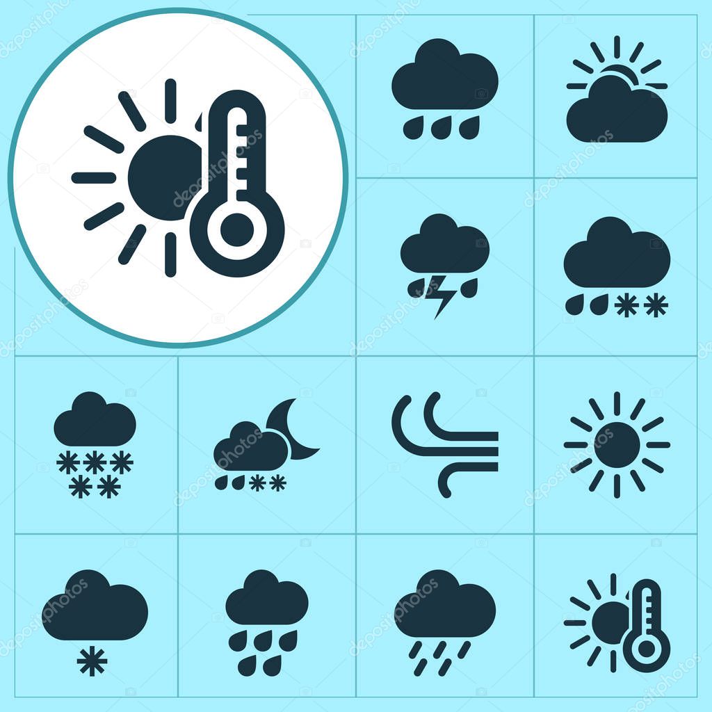 Climate icons set with snowfall, drizzle, heavy rain and other snowflake elements. Isolated vector illustration climate icons.