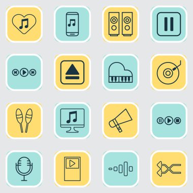 Müzik uygulaması, müzik aygıtı, ses düğmeleri ve diğer aygıt unsurları ile çokluortam simgeleri ayarlandı. İzole edilmiş illüstrasyon multimedya simgeleri.