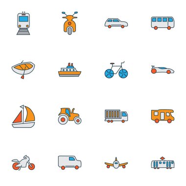 Nakliye simgeleri kamyon, seyahat, bisiklet ve diğer gemi elementleriyle birlikte ayarlandı. İzole resimli taşıma simgeleri.