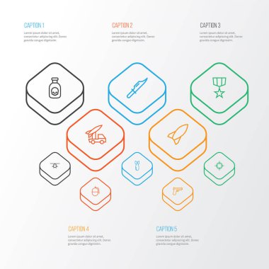 Silah, helikopter, el bombası ve diğer dinamit elementlerle donatılmış askeri simgeler. İzole edilmiş illüstrasyon ordu simgeleri.