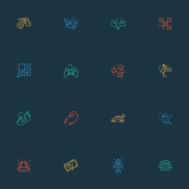 Oyun hayaleti, ip atlama, pacman ve diğer odak unsurlarıyla hobi simgeleri çizimi. İzole illüstrasyon hobileri.