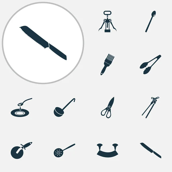 Conjunto de iconos de utensilios de cocina con tijeras de cocina, sacacorchos, cucharón y otros elementos de vajilla. Iconos de utensilios de cocina de ilustración aislada . —  Fotos de Stock