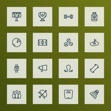 Golf sahası, megafon, tenis topu ve diğer ip atlama elementleriyle oyun ikonları çizgisi seti. İzole vektör illüstrasyon oyun simgeleri.