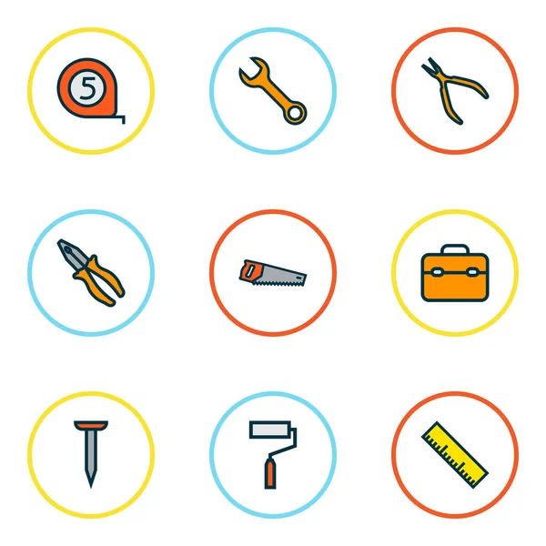 Werkzeuge Symbole farbige Linie Set mit Werkzeugkiste, Schraubenschlüssel, Rollerpinsel und anderen Bolzenmuttern Elemente. Isolierte Vektor-Illustrationswerkzeuge Symbole. — Stockvektor