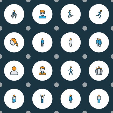 İnsanlar iş adamı, yaşlı kadın, kadın kafası ve diğer yönetici unsurlarıyla renklendirilmiş çizgiler çiziyorlar. İzole edilmiş illüstrasyon insanları simgeleri.