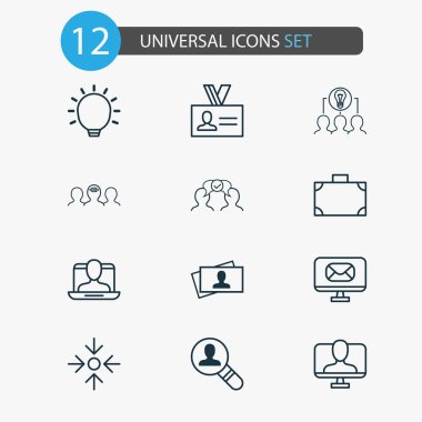 İnternet kimliği, sosyal kimliği, bavulu ve diğer portföy unsurları olan kurumsal simgeler. İzole edilmiş resimli kurumsal simgeler.